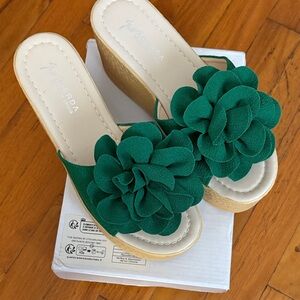 Emerald Floral Wedge Sandals by
